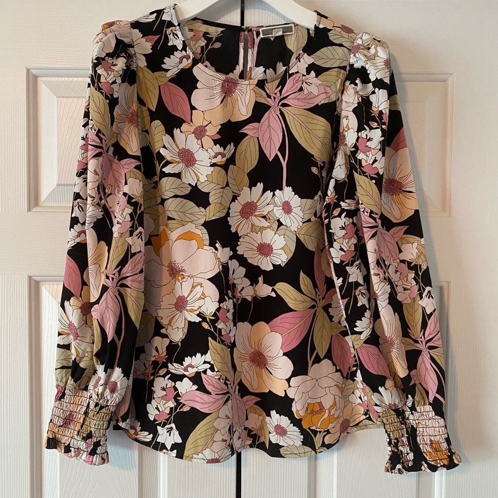 Anthropologie Pleione Black Long Sleeve Floral Top, M